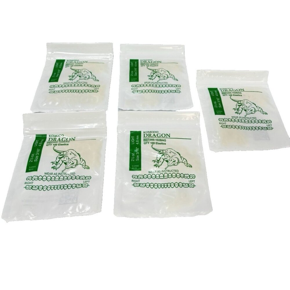 Komodo Dragon Orthodontic Elastics Light Size 2.5oz 3/16 -5 Packs (100 per ) NEW